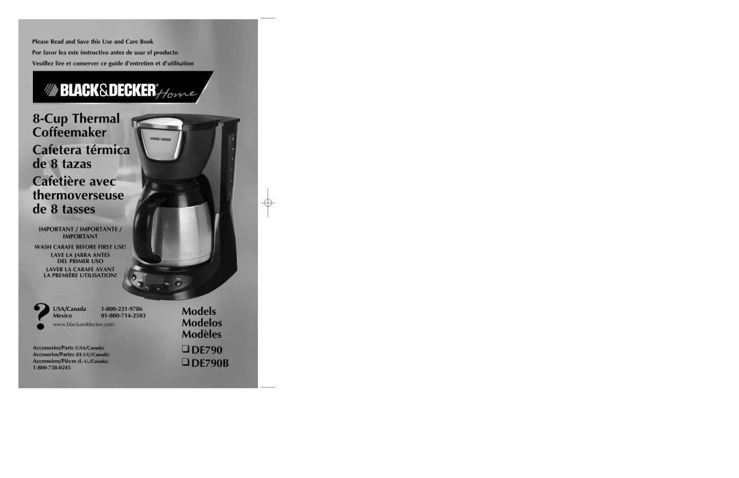 Black & Decker manual Models Modelos Modèles DE790 DE790B, CupThermal Coffeemaker, Cafetera térmica de 8 tazas 