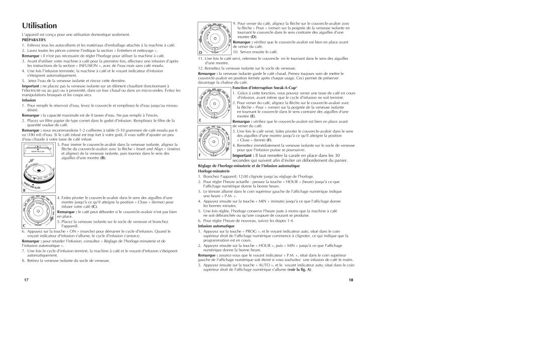 Black & Decker DE790B manual Utilisation, Préparatifs, Infusion, Fonction dinterruption Sneak-A-Cup, Horloge-minuterie 