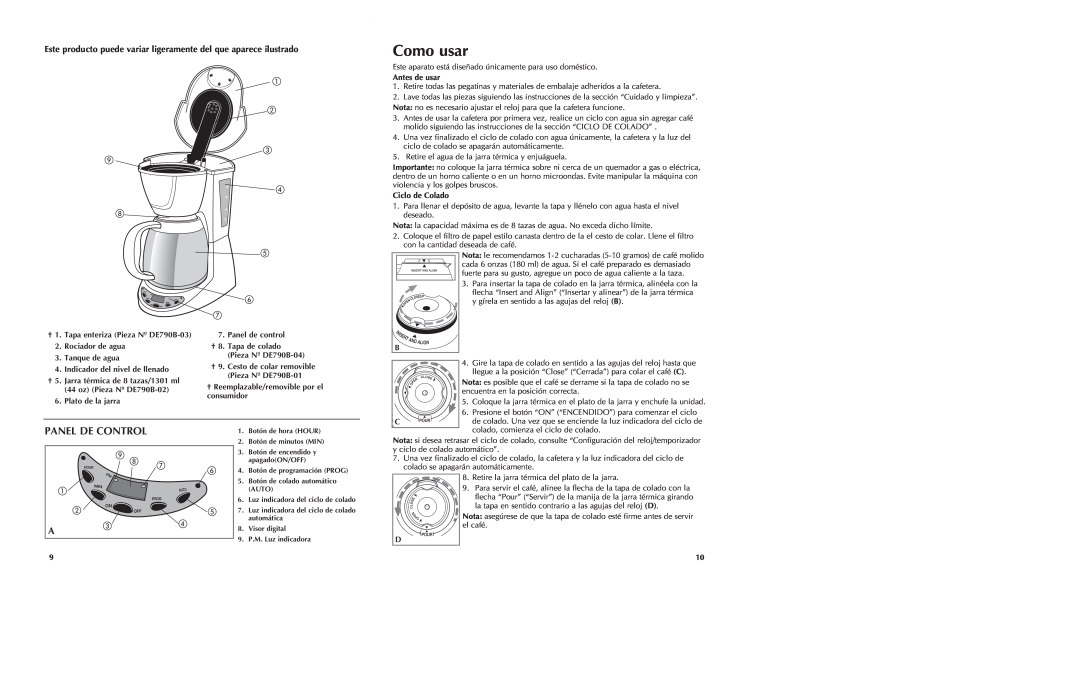 Black & Decker manual Como usar, Panel De Control, Antes de usar, Ciclo de Colado, †1. Tapa enteriza Pieza Nº DE790B-03 