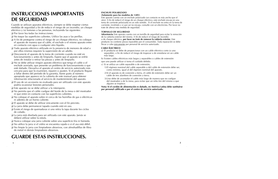 Black & Decker DE791B manual Instrucciones Importantes DE Seguridad, Cable Électrico 