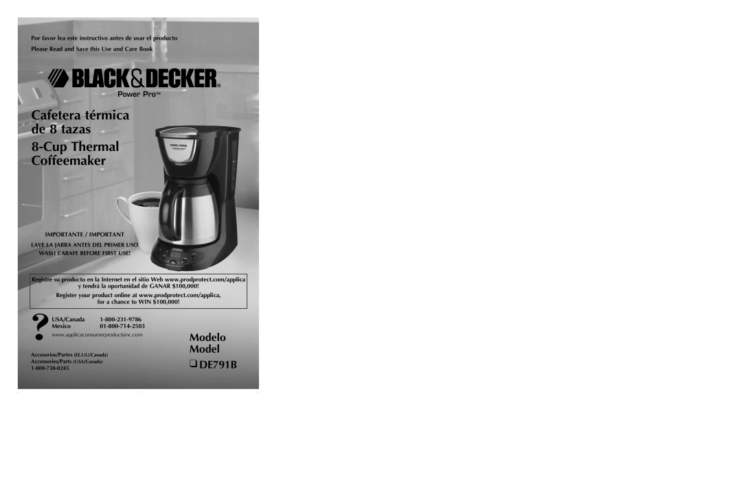 Black & Decker DE791B manual Modelo Model, Cafetera térmica de 8 tazas 8-Cup Thermal Coffeemaker, Power Pro 