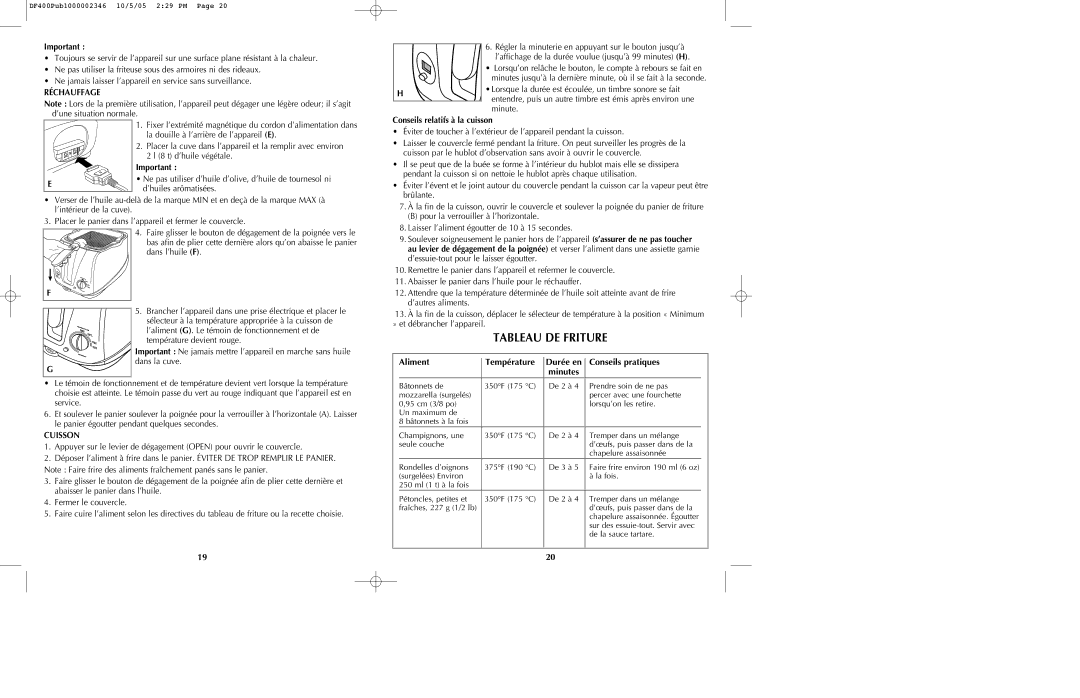 Black & Decker DF400 manual Tableau DE Friture, Aliment Température Durée en Conseils pratiques, Réchauffage, Cuisson 