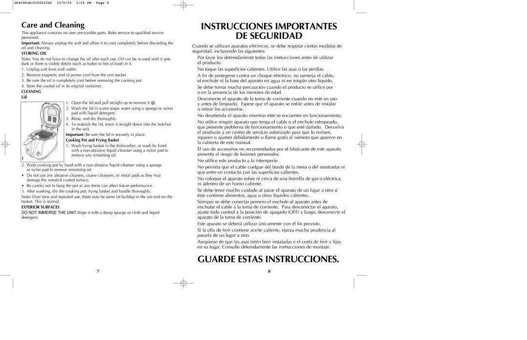 Black & Decker DF400 manual Instrucciones Importantes DE Seguridad, Guarde Estas Instrucciones, Care and Cleaning 