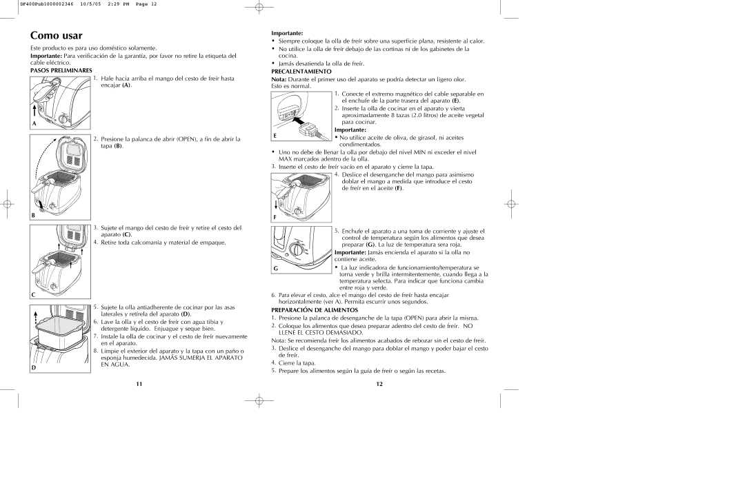 Black & Decker DF400 manual Como usar, Pasos Preliminares, Importante, Precalentamiento, Preparación DE Alimentos 