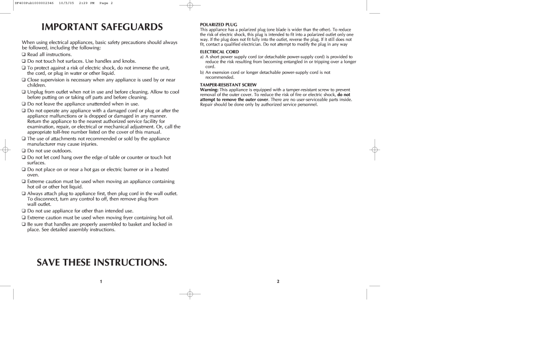 Black & Decker DF400 manual Important Safeguards, Save These Instructions 
