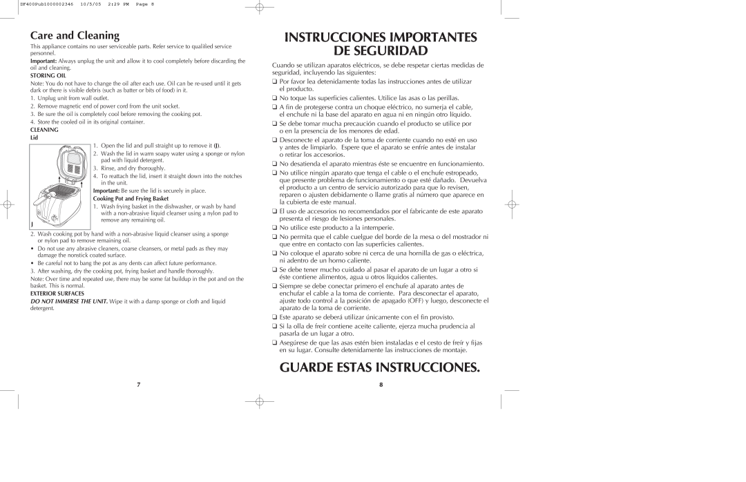 Black & Decker DF400 manual Instrucciones Importantes De Seguridad, Guarde Estas Instrucciones, Care and Cleaning 