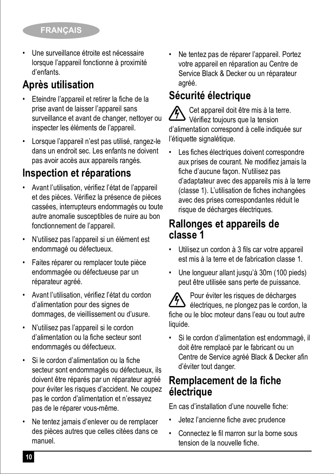 Black & Decker DK35 Après utilisation, Inspection et réparations, Sécurité électrique, Rallonges et appareils de classe 