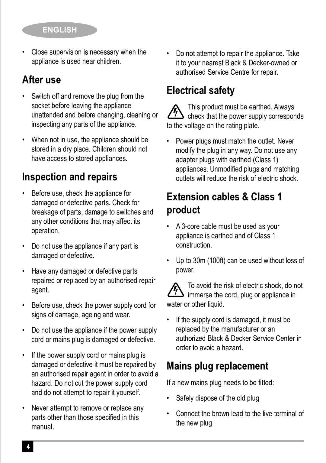 Black & Decker DK35 manual After use, Inspection and repairs, Electrical safety, Extension cables & Class 1 product 