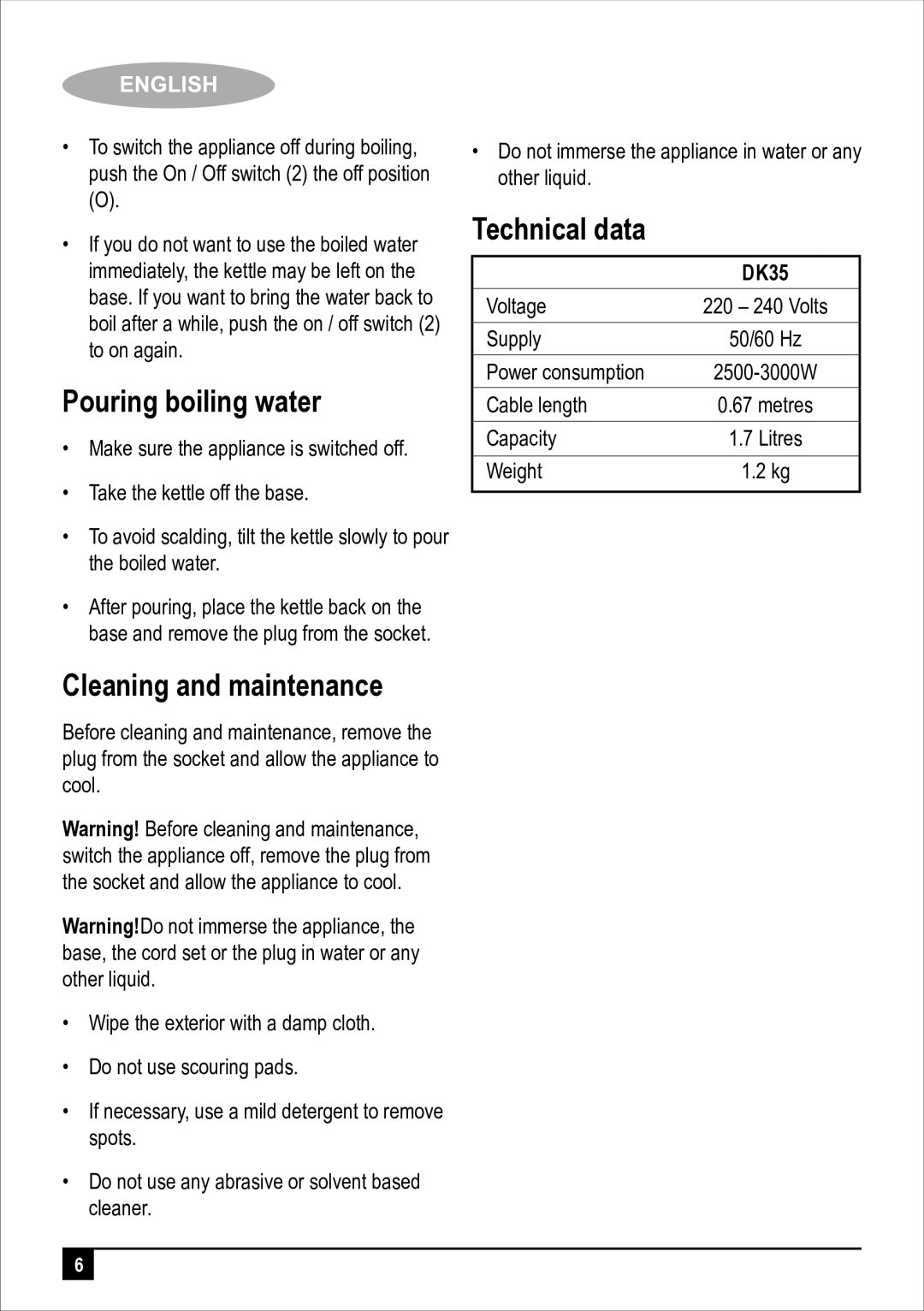 Black & Decker DK35 manual Pouring boiling water, Cleaning and maintenance, Technical data 