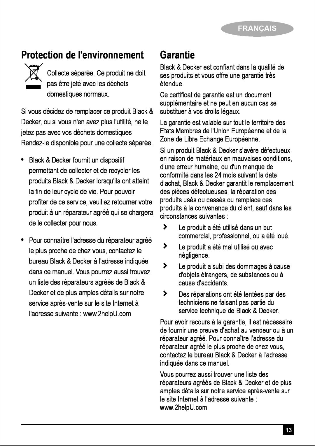 Black & Decker DK35 manual Garantie, Protection de lenvironnement, Français 
