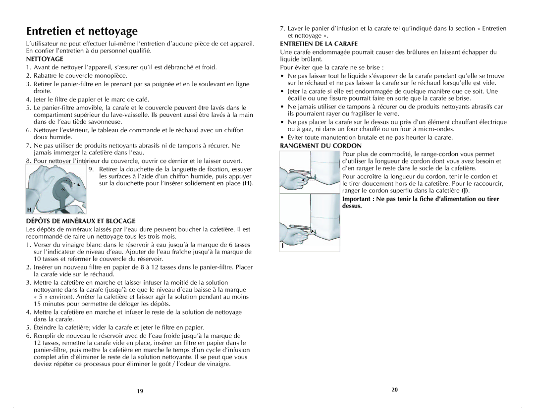 Black & Decker DLX1050WC manual Entretien et nettoyage, Nettoyage, Dépôts DE Minéraux ET Blocage, Entretien DE LA Carafe 