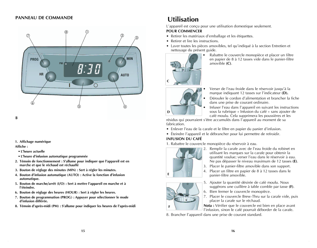 Black & Decker DLX1050WC, DLX1050BC manual Utilisation, Pour Commencer, Infusion DU Café 