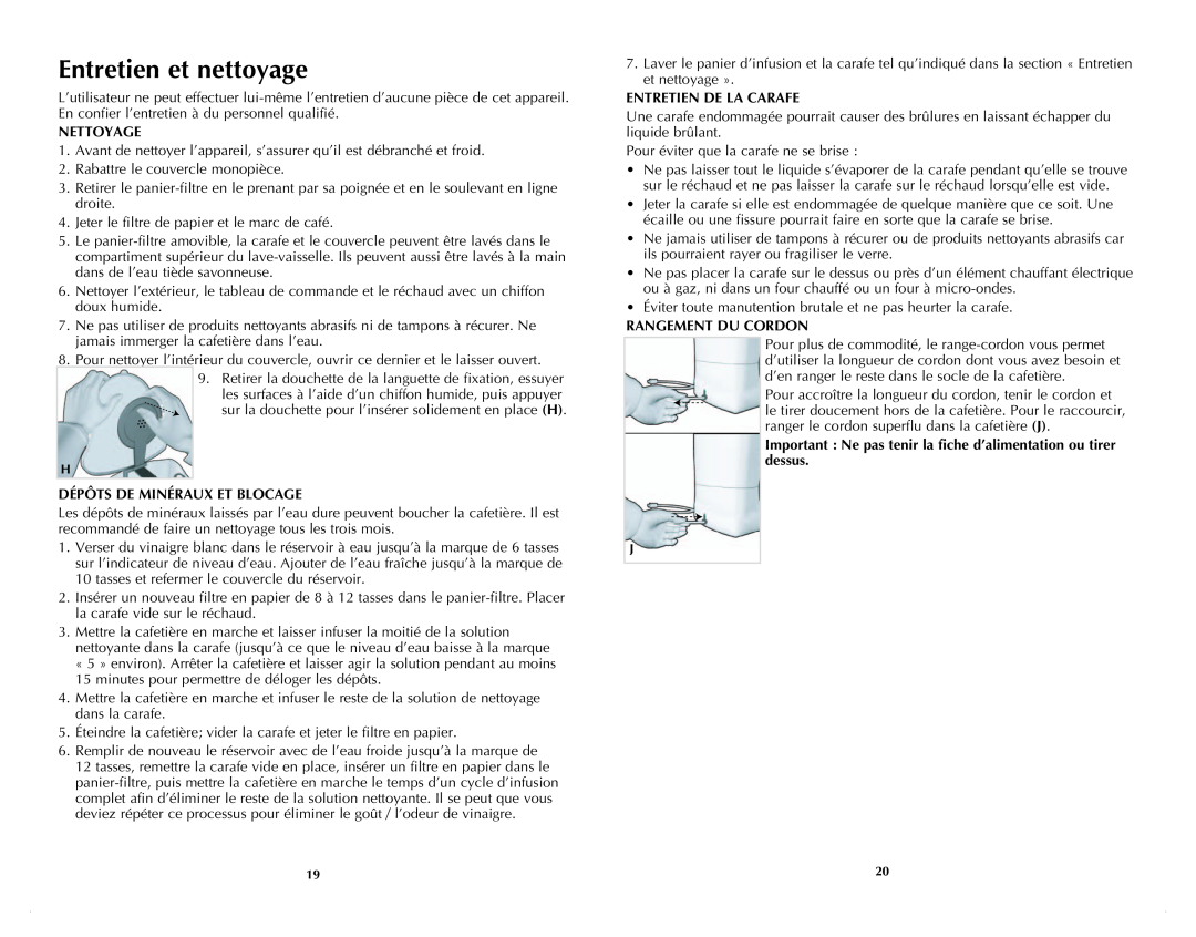 Black & Decker DLX1050WC manual Entretien et nettoyage, Nettoyage, Dépôts De Minéraux Et Blocage, Entretien De La Carafe 