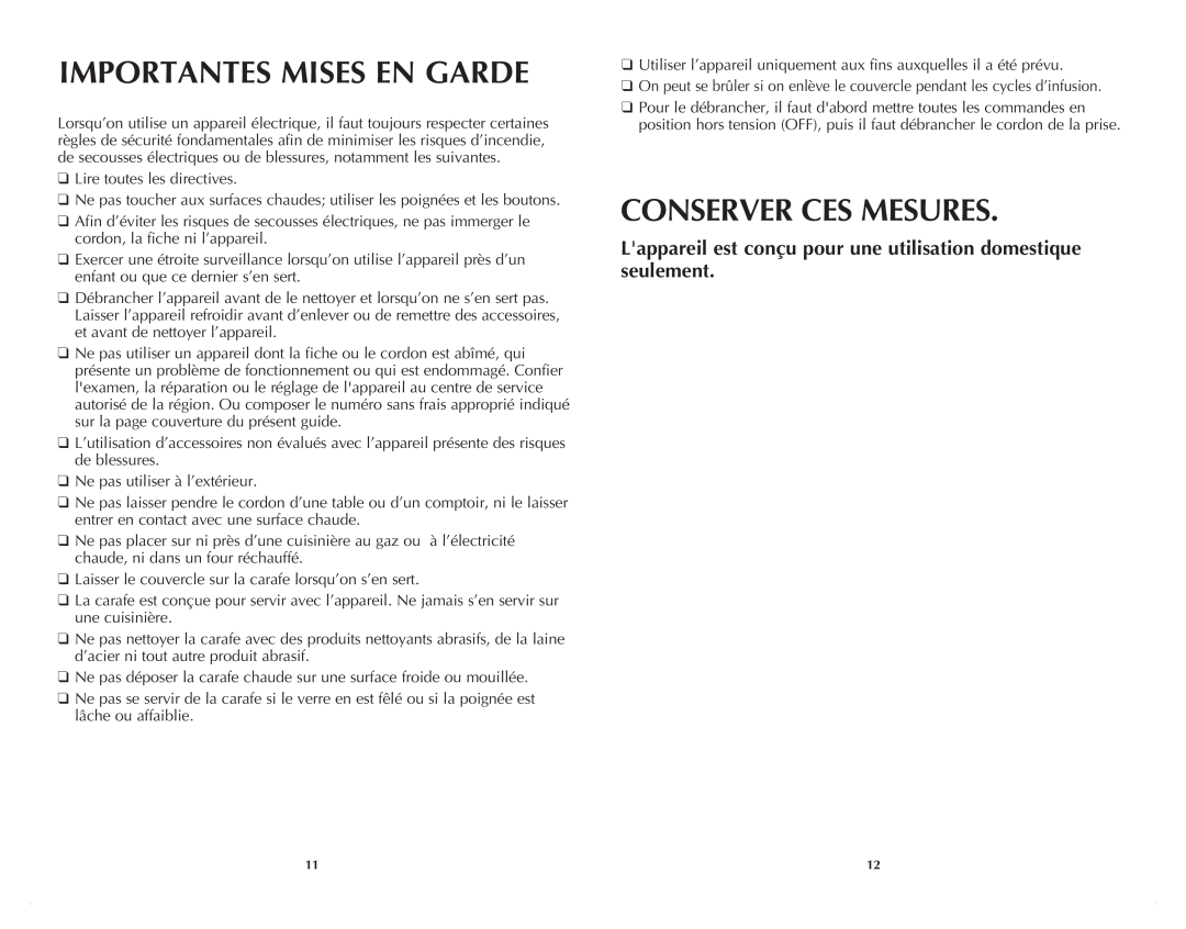 Black & Decker DLX1050WC, DLX1050BC manual Importantes Mises En Garde, Conserver Ces Mesures 