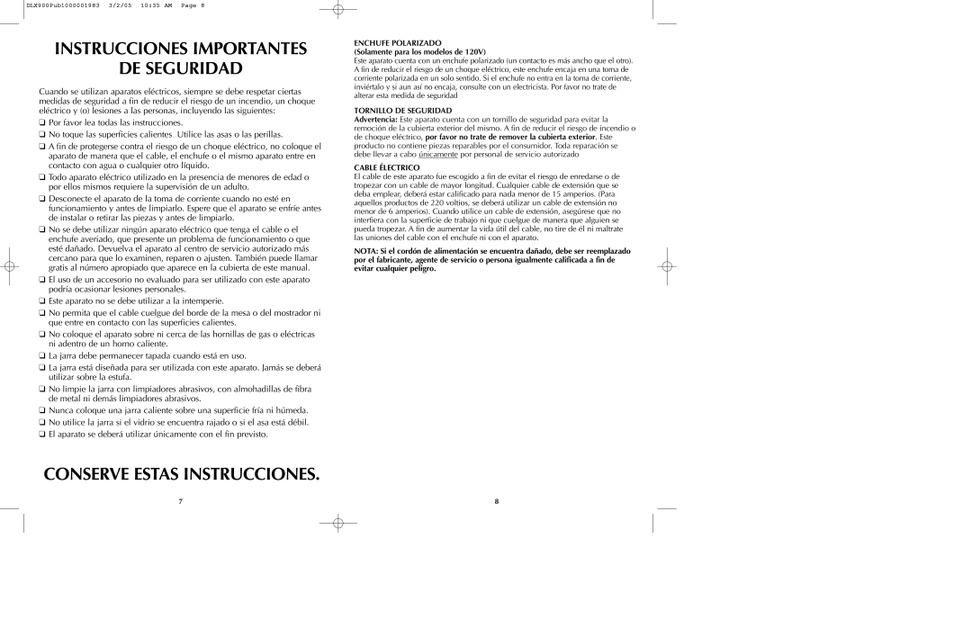 Black & Decker DLX850 DLX900 manual Instrucciones Importantes DE Seguridad, Conserve Estas Instrucciones, Cable Électrico 