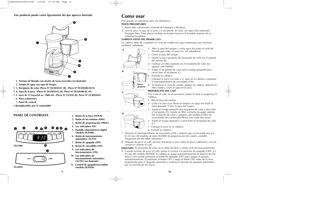 Black & Decker DLX850 DLX900 manual Como usar, Panel DE Controles, Pasos Preliminares, Limpieza Antes DEL Primer USO 