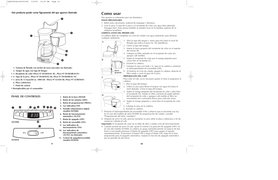 Black & Decker DLX850 DLX900 manual Como usar, Panel De Controles 