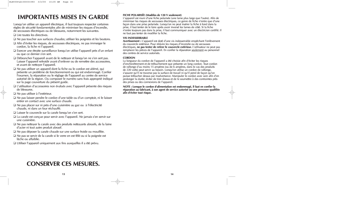 Black & Decker DLX850 DLX900 manual Importantes Mises En Garde, Conserver Ces Mesures 