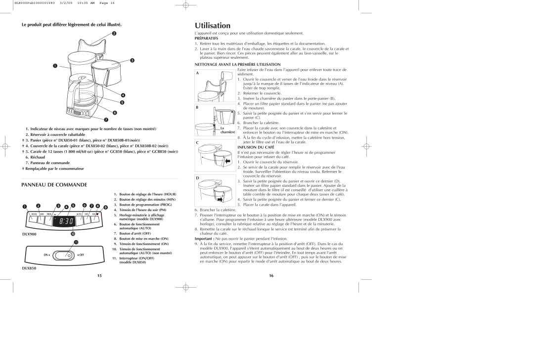 Black & Decker DLX850 DLX900 manual Utilisation, Panneau De Commande 
