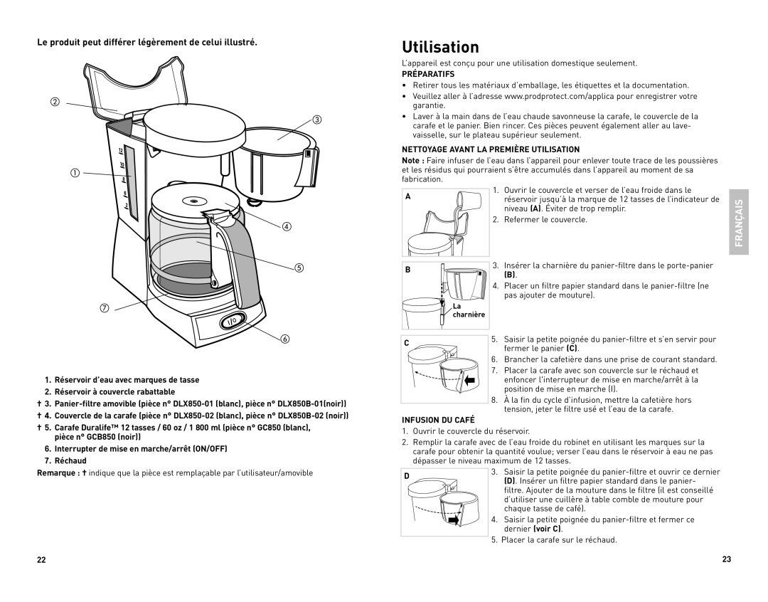 Black & Decker DLX850B manual Préparatifs, Nettoyage Avant LA Première Utilisation, Infusion DU Café 