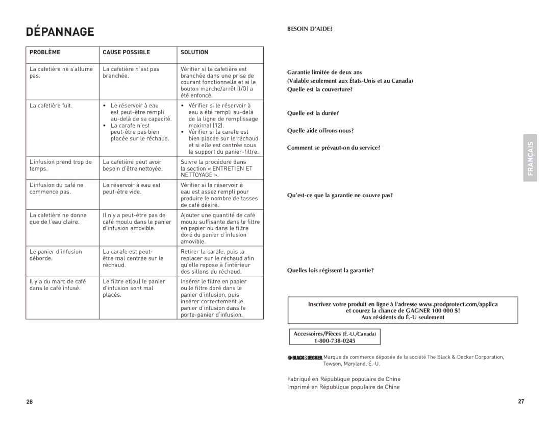 Black & Decker DLX850B manual Problème Cause Possible Solution, Nettoyage », Besoin D’AIDE? 