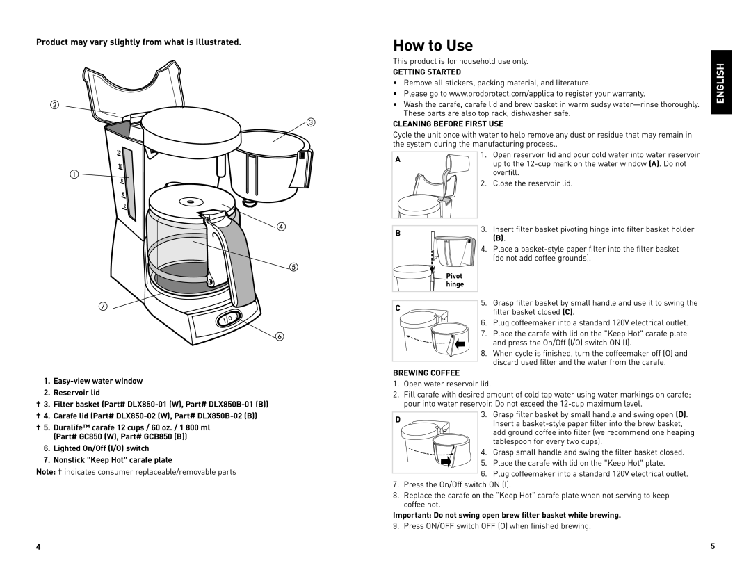 Black & Decker DLX850B manual How to Use, Getting Started, Cleaning Before First USE, Brewing Coffee 