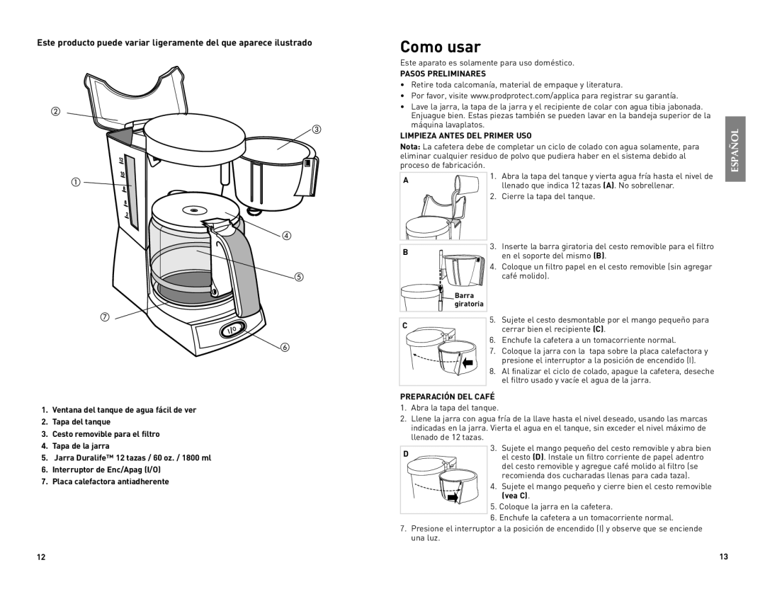 Black & Decker DLX850B manual Como usar, Pasos Preliminares, Limpieza Antes DEL Primer USO, Preparación DEL Café 