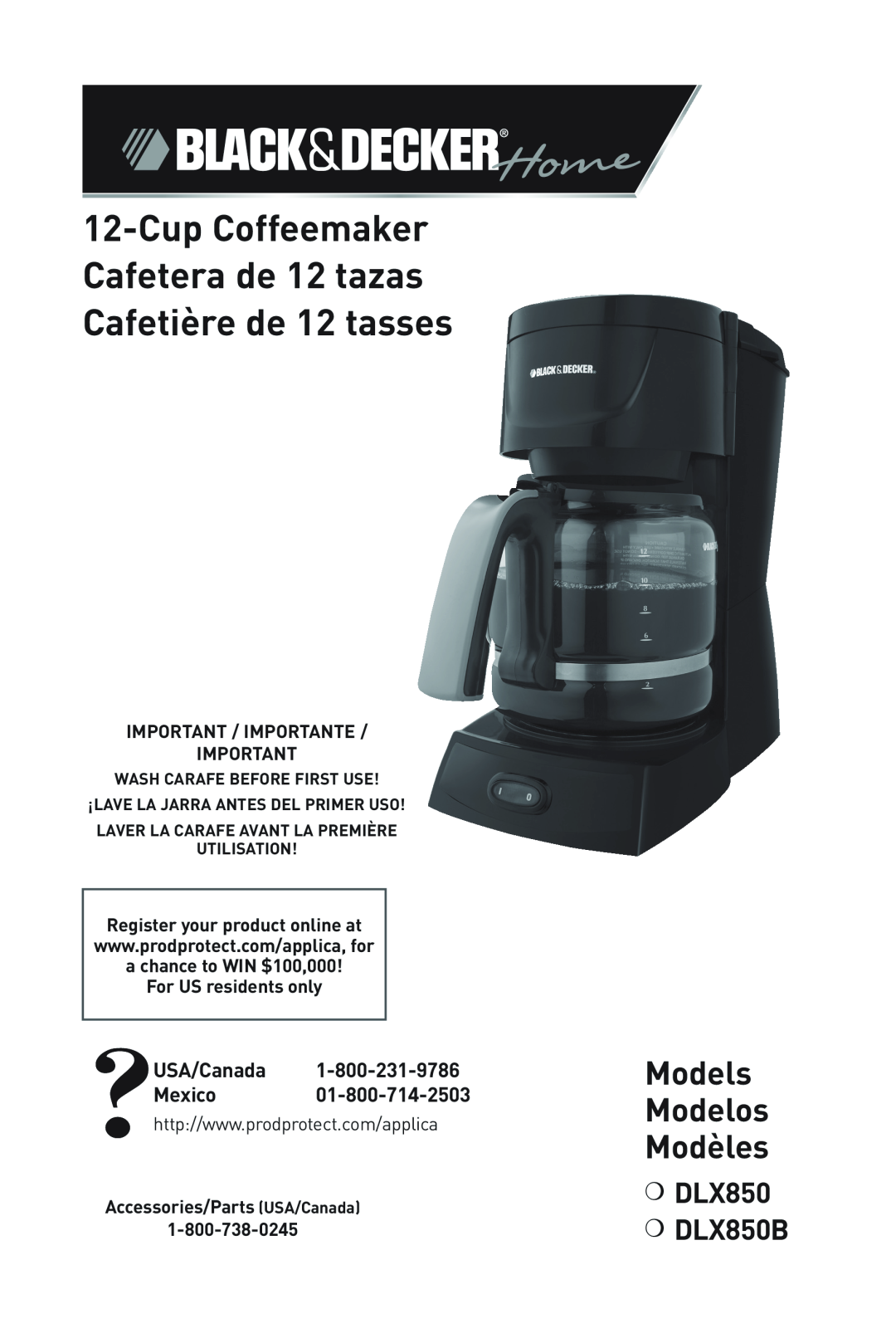 Black & Decker DLX850B manual Cup Coffeemaker Cafetera de 12 tazas Cafetière de 12 tasses, Models Modelos Modèles 