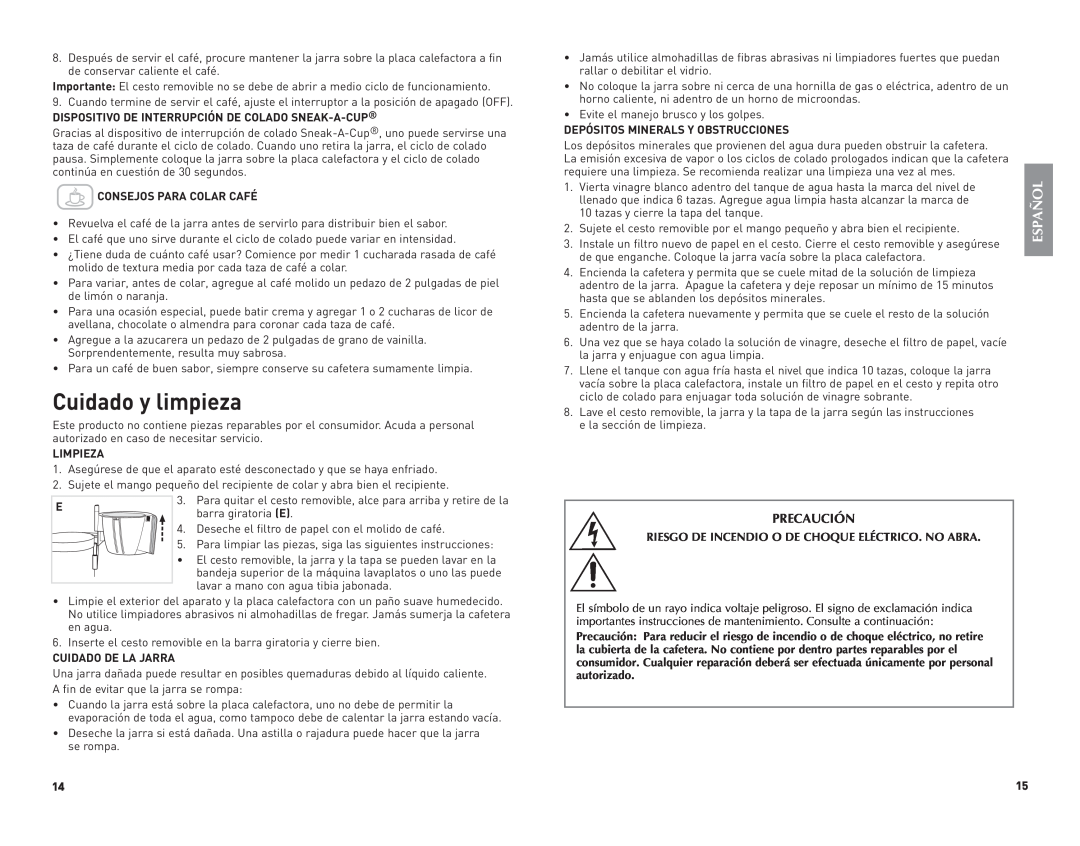 Black & Decker DLX850B manual Cuidado y limpieza, Precaución 