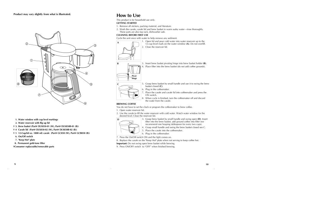 Black & Decker DLX851B manual Getting Started, Cleaning Before First USE, Brewing Coffee 