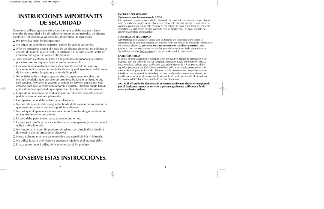 Black & Decker DLX850, DLX900 manual Instrucciones Importantes DE Seguridad, Conserve Estas Instrucciones, Cable Électrico 