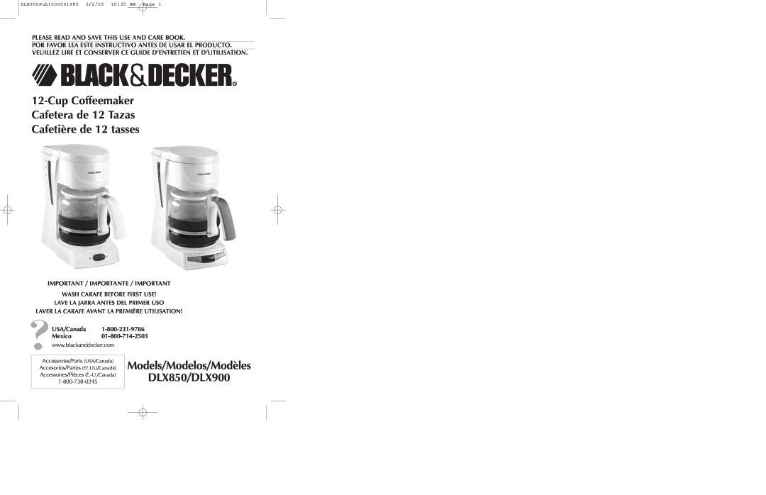Black & Decker manual Models/Modelos/Modèles DLX850/DLX900, Cup Coffeemaker Cafetera de 12 Tazas Cafetière de 12 tasses 