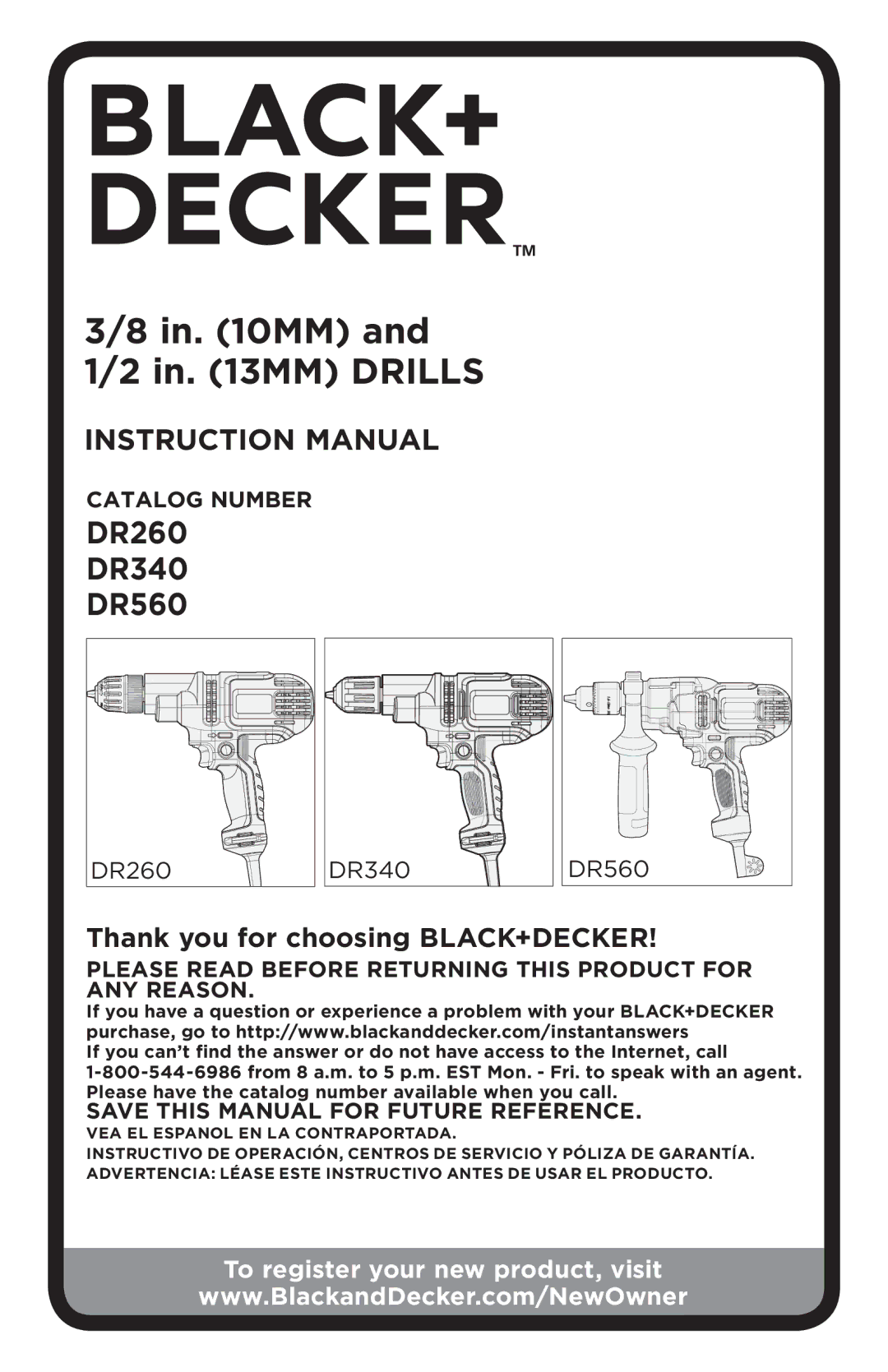 Black & Decker DR260BR instruction manual MM and 1/2 in MM Drills 