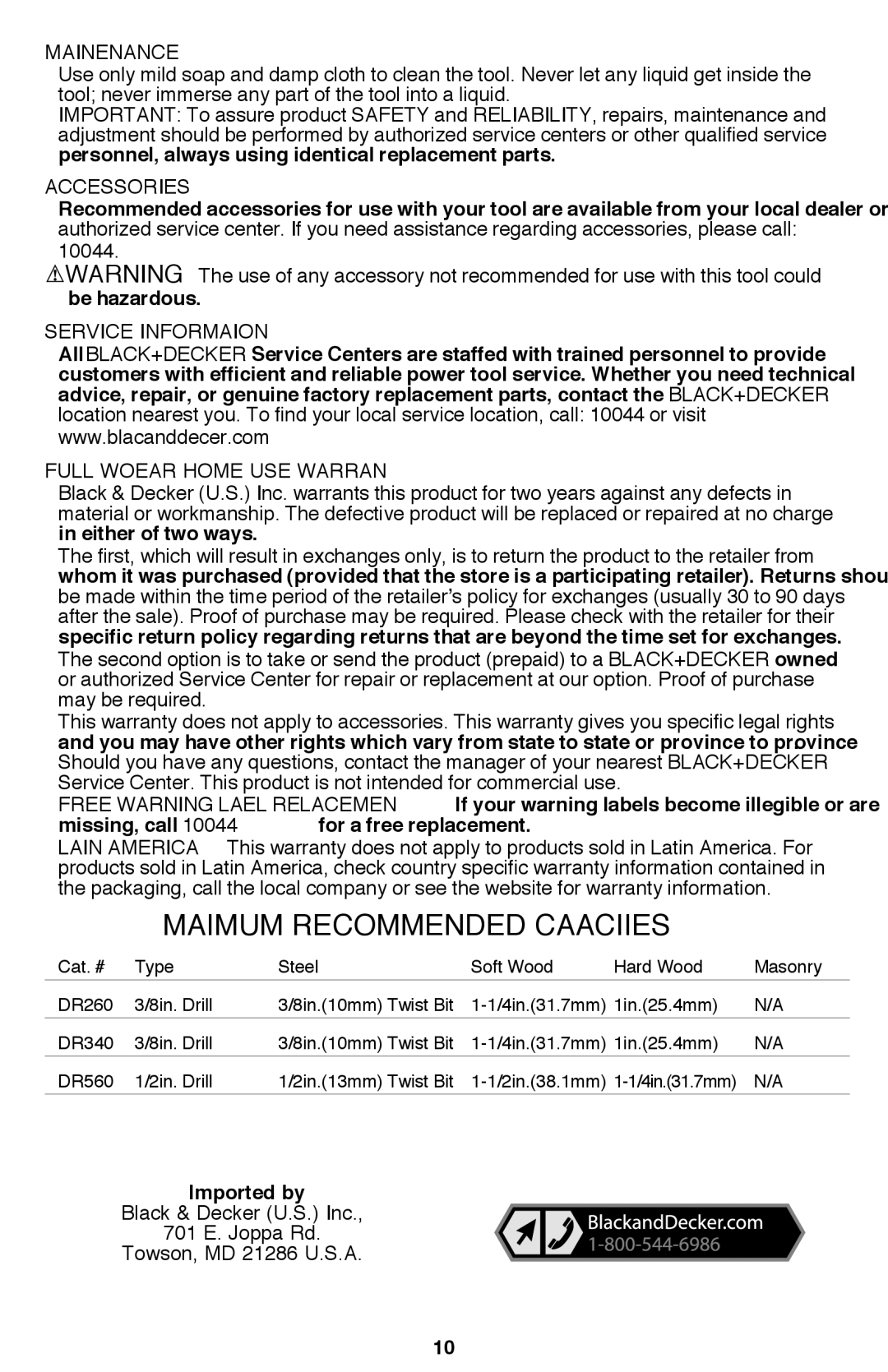 Black & Decker DR260BR instruction manual Maintenance, Accessories, Service Information Full Two-Year Home Use Warranty 