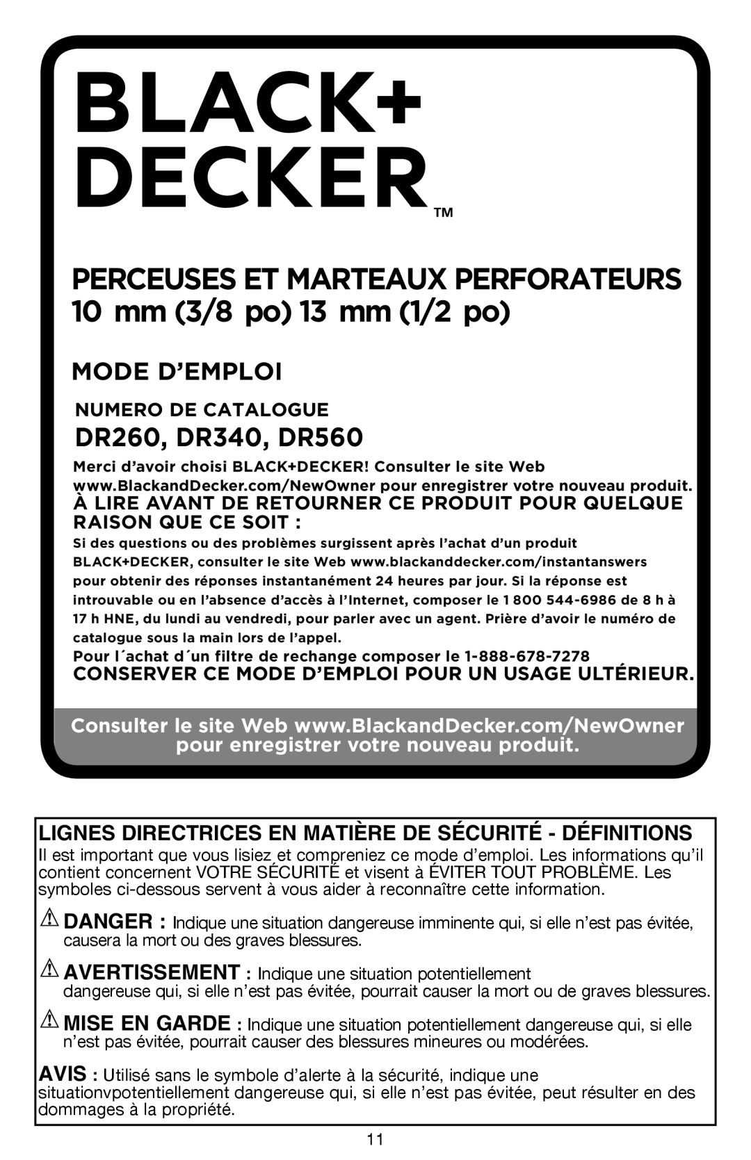 Black & Decker DR260BR instruction manual Perceuses ET Marteaux Perforateurs 10 mm 3/8 po 13 mm 1/2 po 