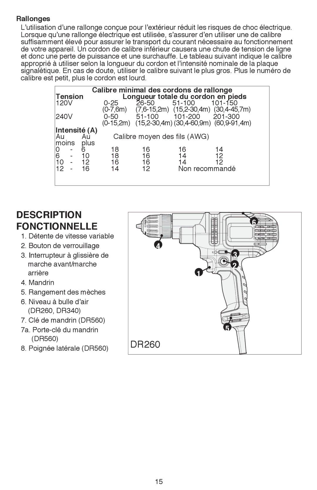 Black & Decker DR260BR instruction manual Rallonges, Intensité a 