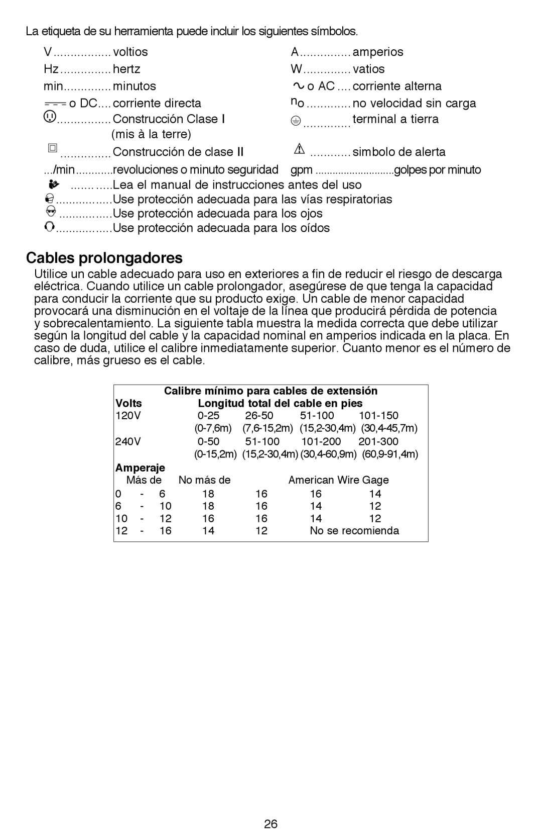 Black & Decker DR260BR instruction manual Cables prolongadores, Amperaje 