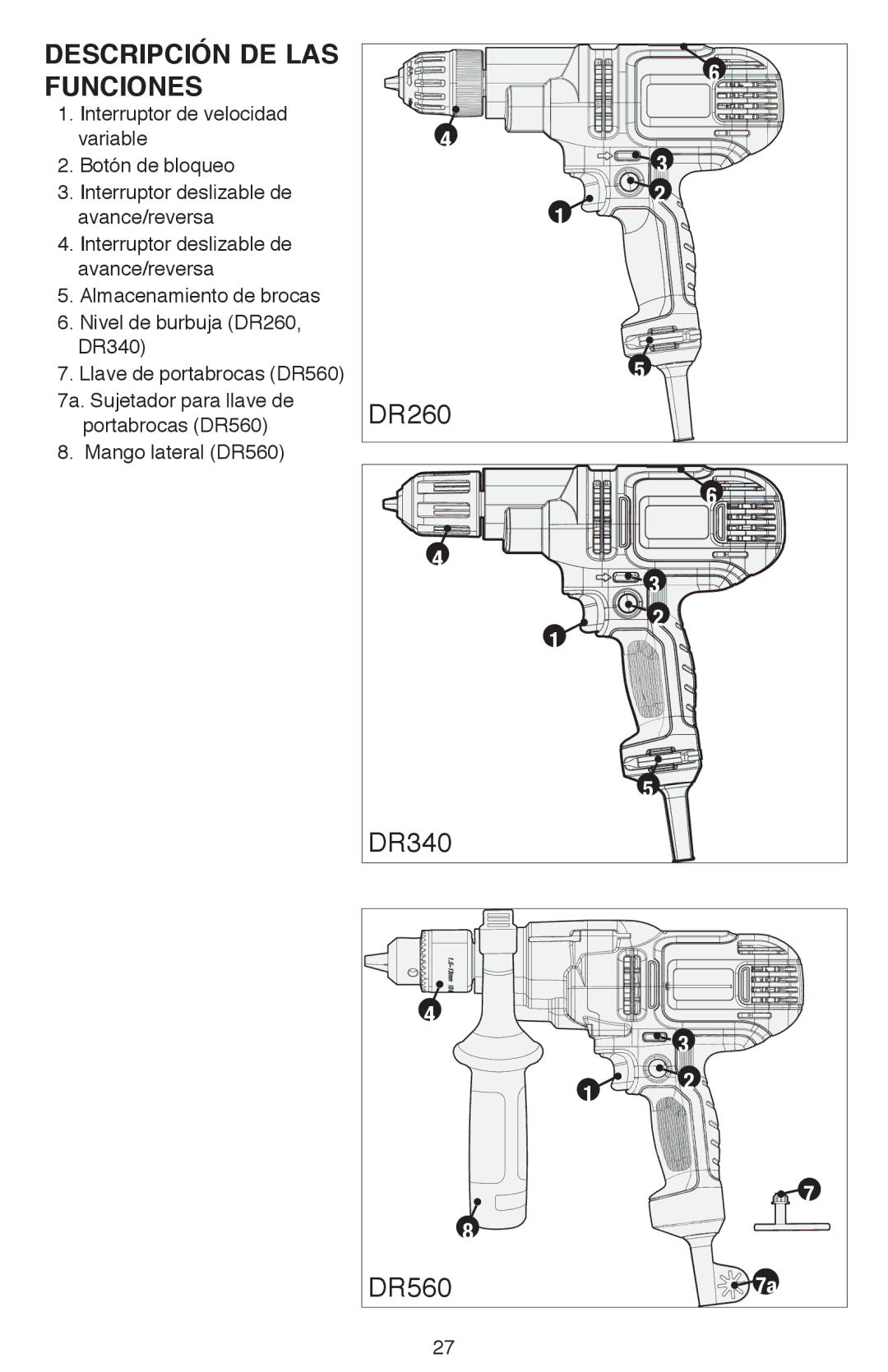 Black & Decker DR260BR instruction manual Descripción DE LAS Funciones 