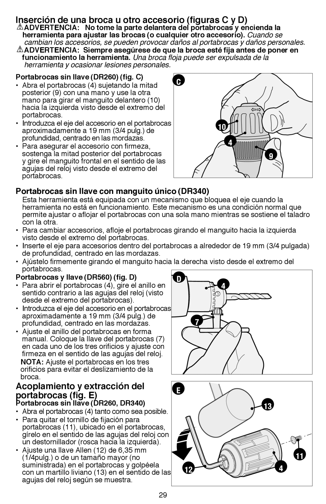 Black & Decker DR260BR Acoplamiento y extracción del Portabrocas fig. E, Portabrocas y llave DR560 fig. D 