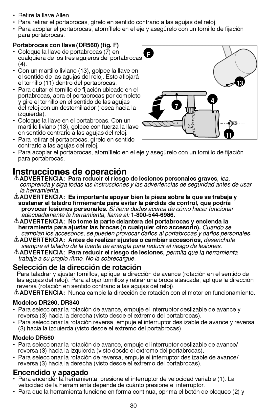 Black & Decker DR260BR Instrucciones de operación, Selección de la dirección de rotación, Encendido y apagado 