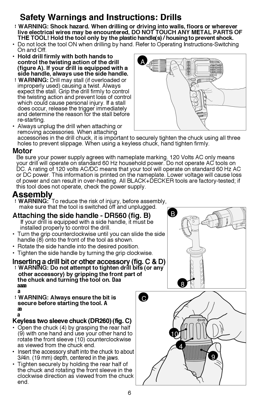 Black & Decker DR260BR Safety Warnings and Instructions Drills, Assembly, Motor, Attaching the side handle DR560 fig. B 