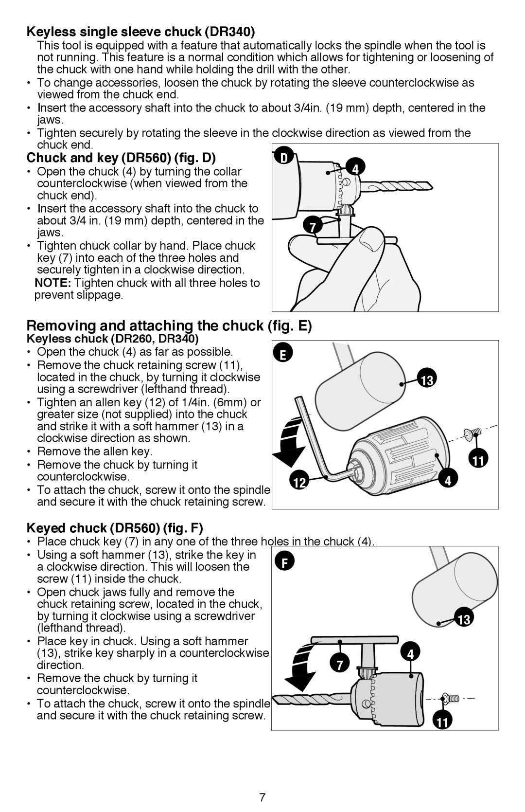 Black & Decker DR260BR instruction manual Removing and attaching the chuck fig. E, Keyless chuck DR260, DR340 