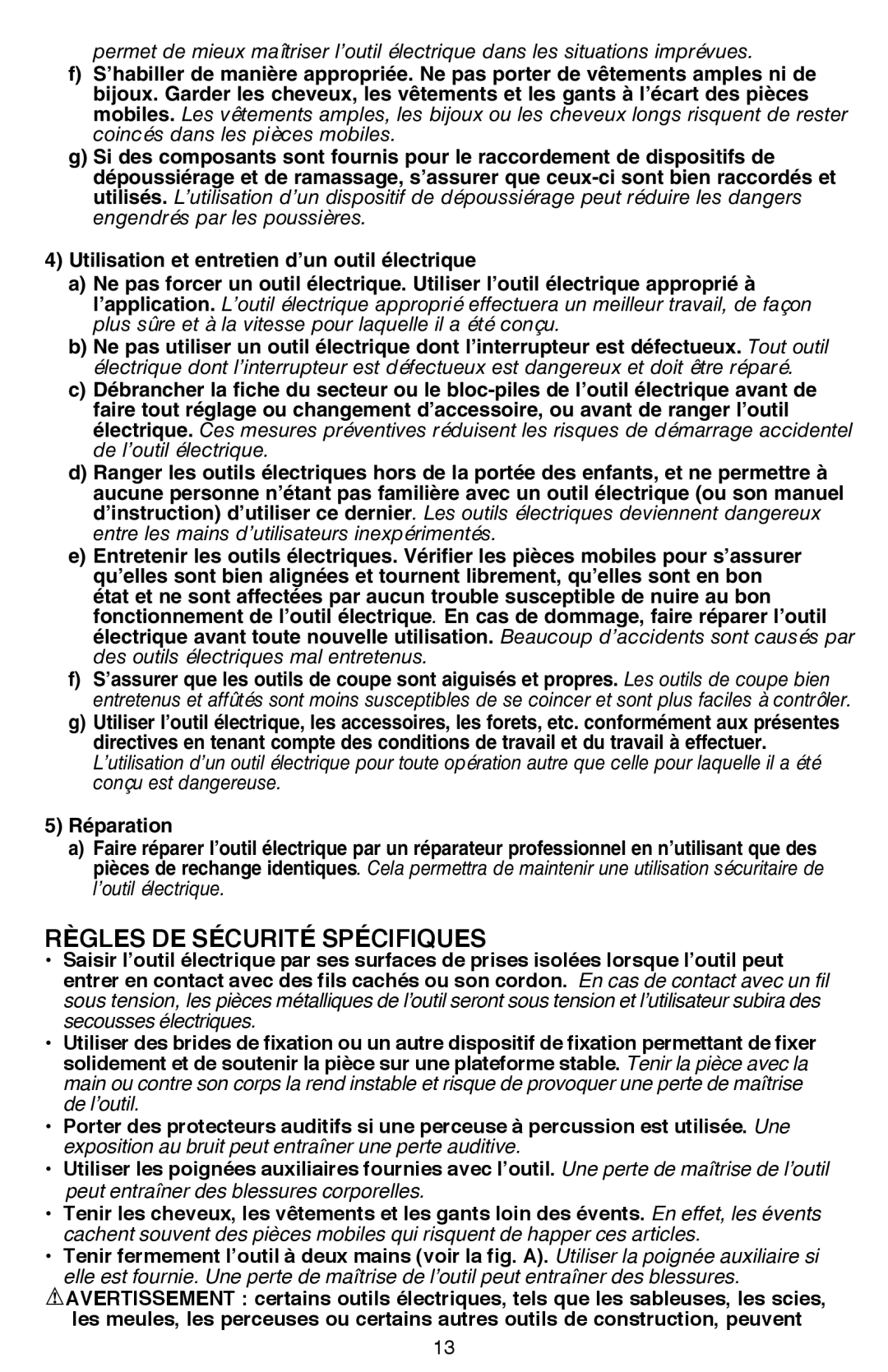 Black & Decker DR260BR instruction manual Règles De Sécurité Spécifiques 