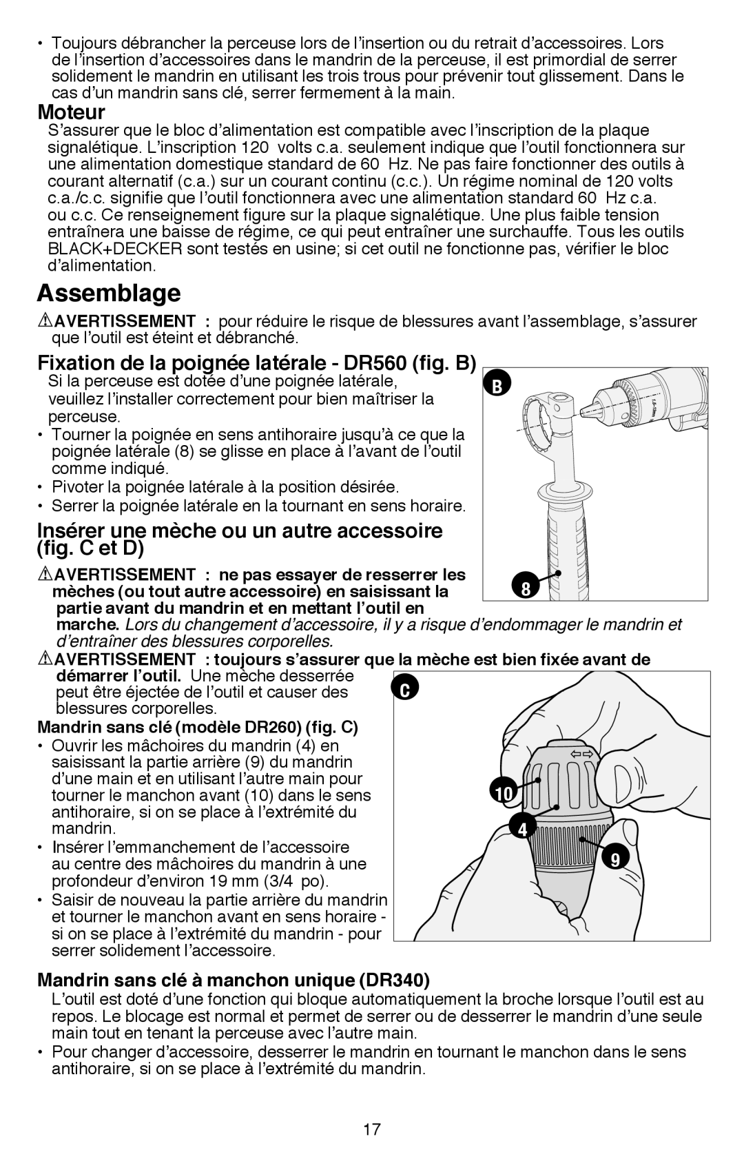 Black & Decker DR260BR instruction manual Assemblage, Moteur, Insérer une mèche ou un autre accessoire, fig. C et D 
