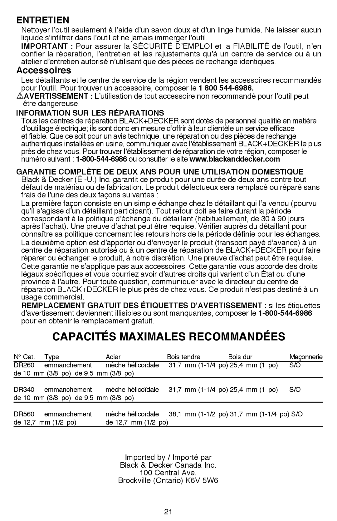 Black & Decker DR260BR instruction manual Capacités Maximales Recommandées, Entretien, Accessoires 
