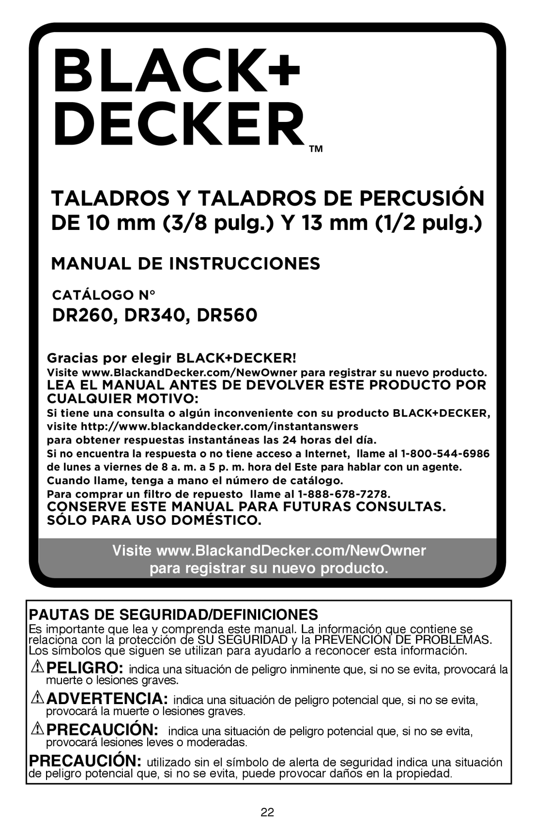 Black & Decker DR260BR Manual De Instrucciones, para registrar su nuevo producto, Pautas De Seguridad/Definiciones 