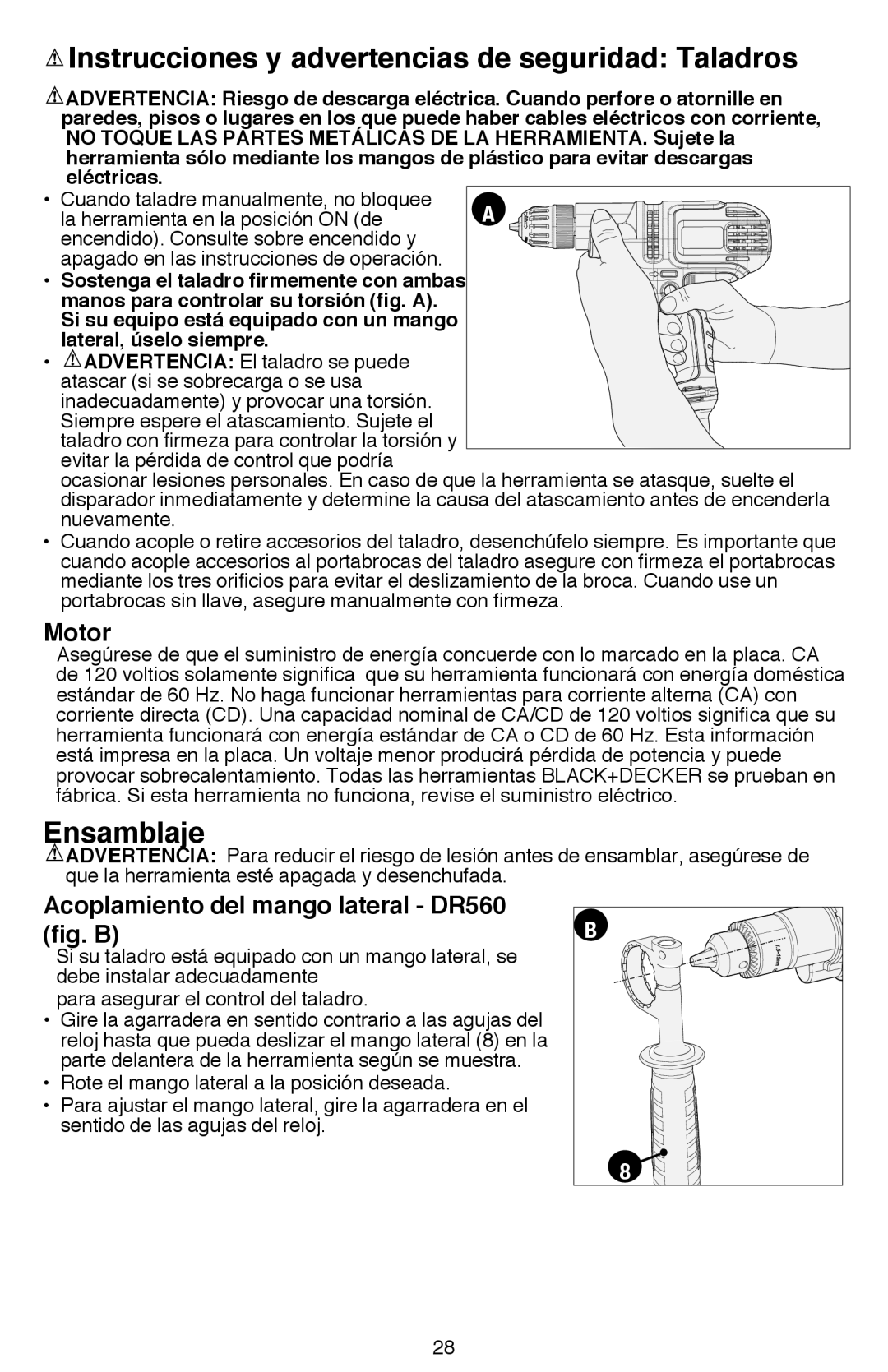 Black & Decker DR260BR instruction manual Ensamblaje, Acoplamiento del mango lateral - DR560 fig. B, Motor 