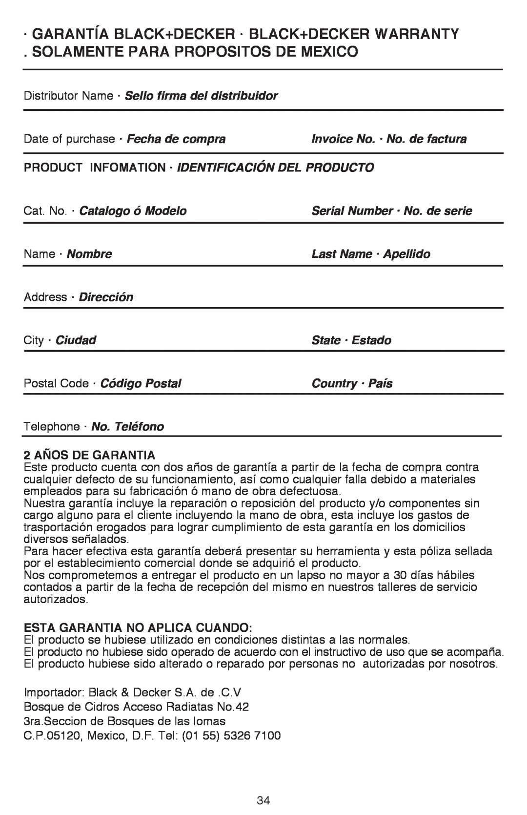 Black & Decker DR260BR ·Garantía Black+Decker · Black+Decker Warranty, Solamente Para Propositos De Mexico 