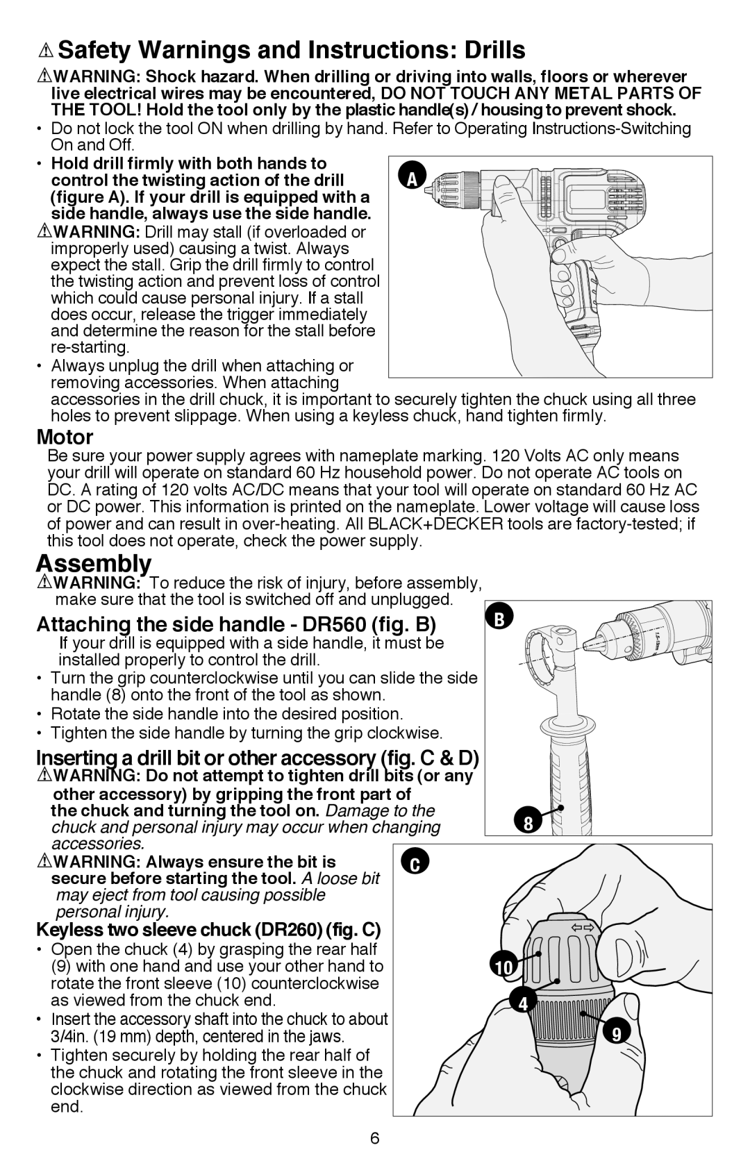 Black & Decker DR260BR Safety Warnings and Instructions Drills, Assembly, Motor, Attaching the side handle - DR560 fig. B 