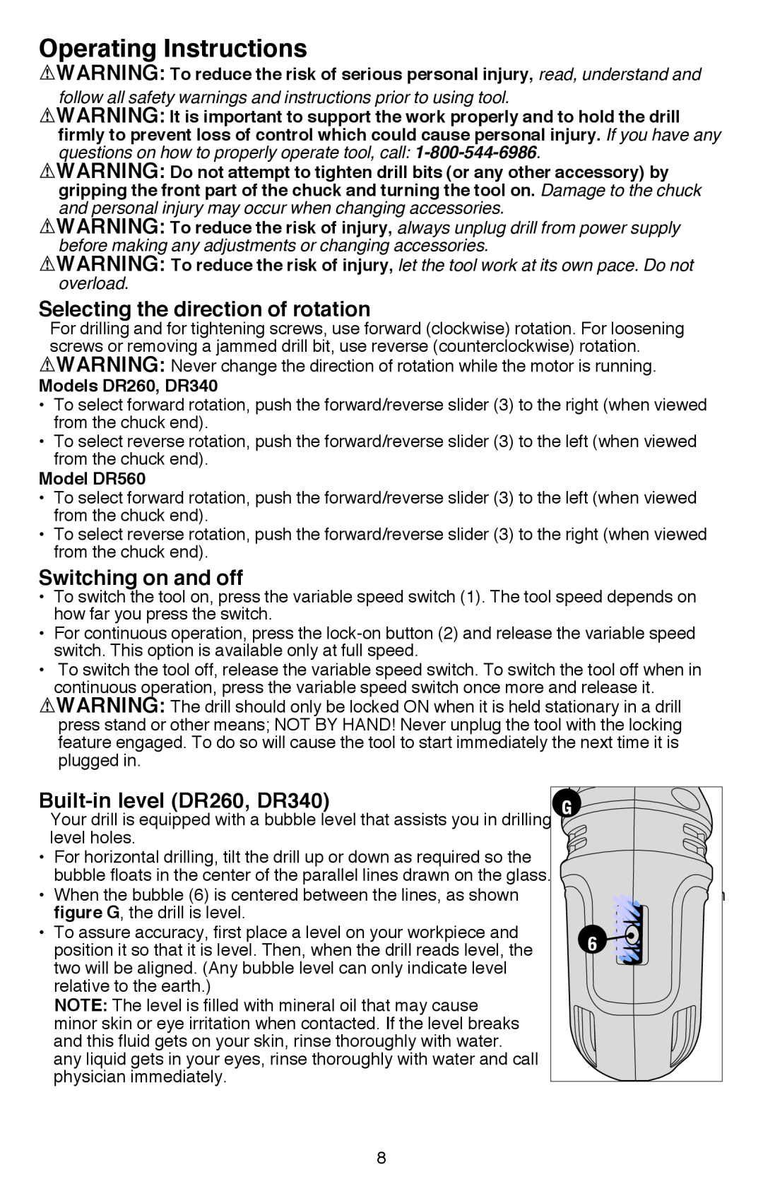 Black & Decker DR260BR instruction manual Operating Instructions, Selecting the direction of rotation, Switching on and off 